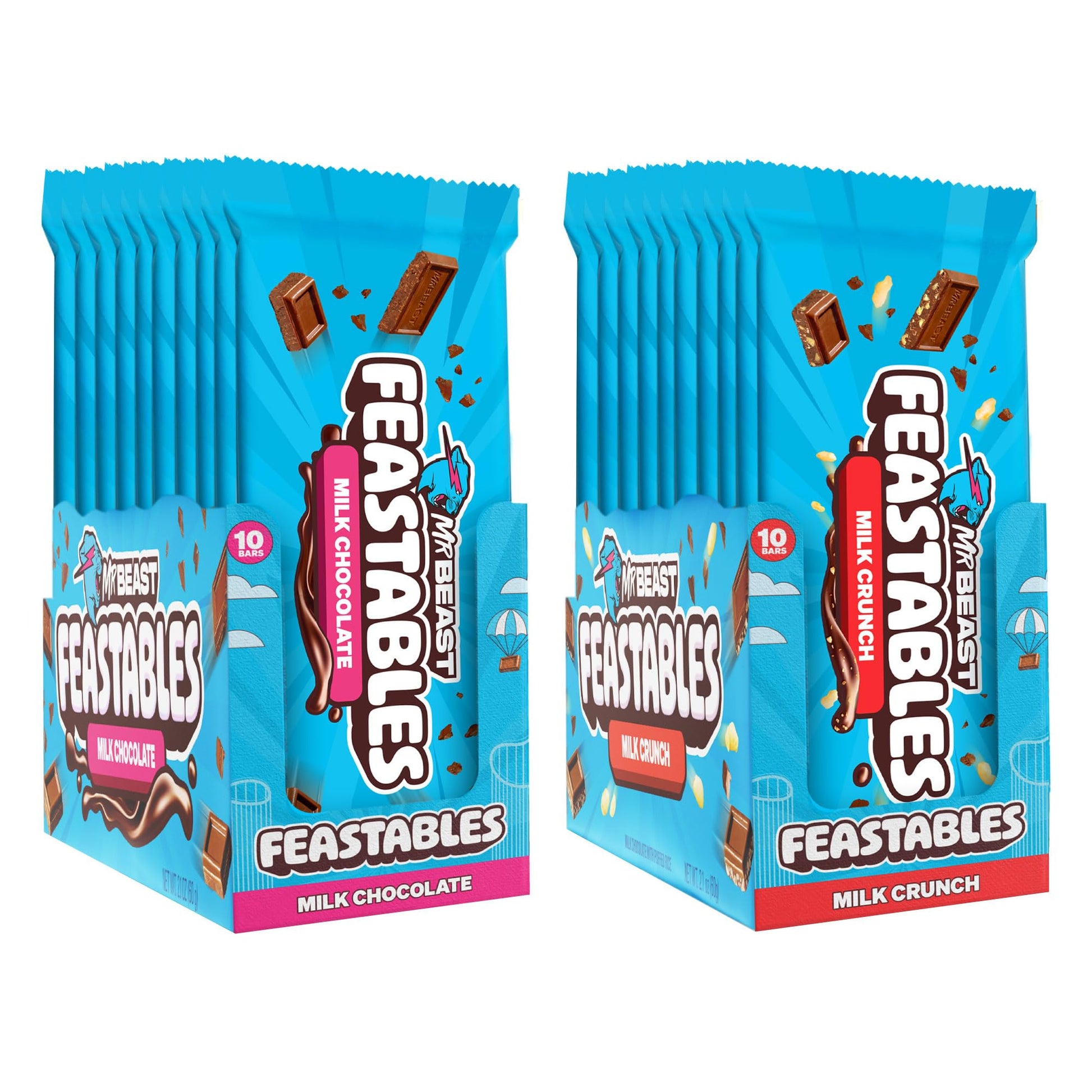 Feastables Mrbeast Combo Pack, King Size Milk Chocolate & Milk Crunch Bars, 10 Each, Candy Bars For Mature-Themeds & Kids, Candy Bar For Snacks, Gifts, Or Dessert, Fairtrade Cocoa, 2.1 Oz Each, 20 Count