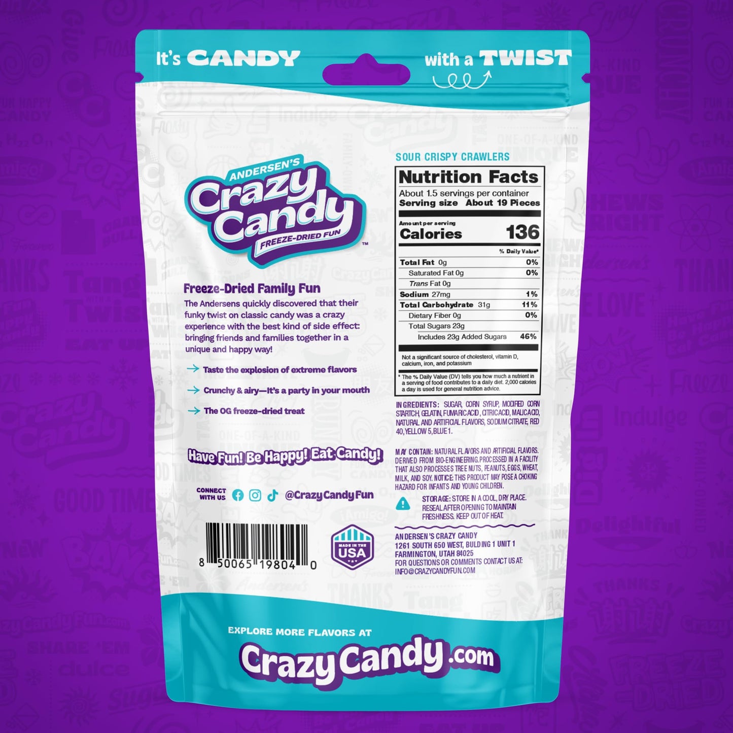 ANDERSENS Crazy Candy Freeze Dried Sour Gummy Worms - Tangy Crunchy  , 2.4 Ounce