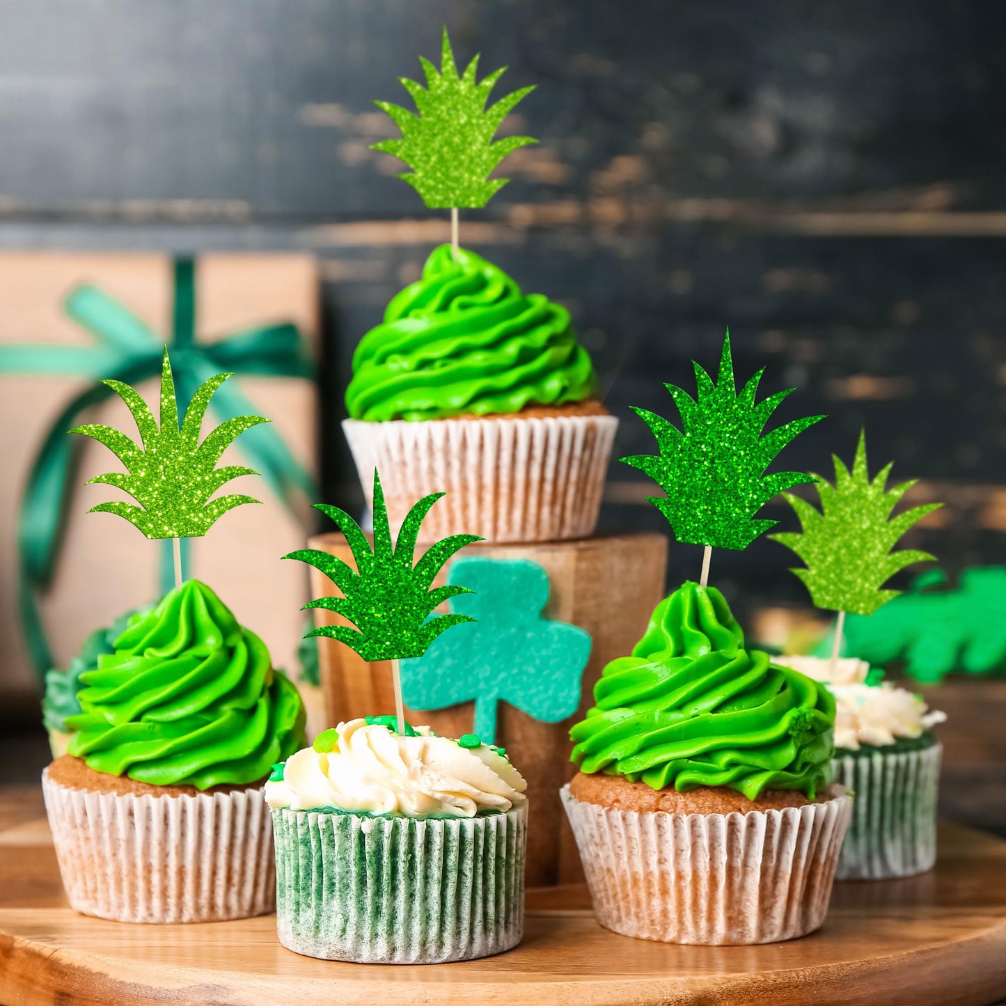 Gyufise 24 Pack Pineapple Cupcake Toppers Glitter Donut Pineapple Leaf Cupcake Picks Tropical Hawaiian Luau Pineapple Theme Baby