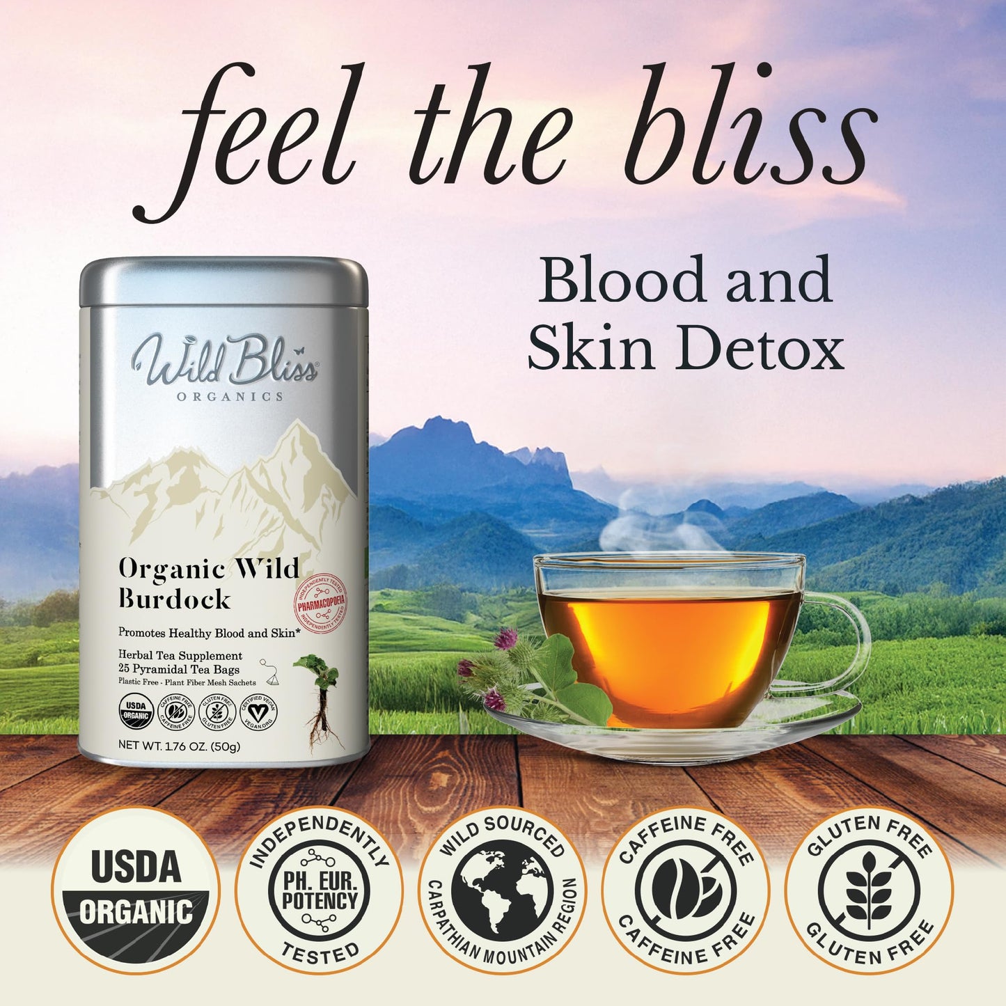 Wild Bliss Organic Burdock Root Tea - Caffeine Free Herbal Detox Support - Pharmacopoeia Quality - 25 Plant Based Tea Bags