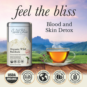 Wild Bliss Organic Burdock Root Tea - Caffeine Free Herbal Detox Support - Pharmacopoeia Quality - 25 Plant Based Tea Bags