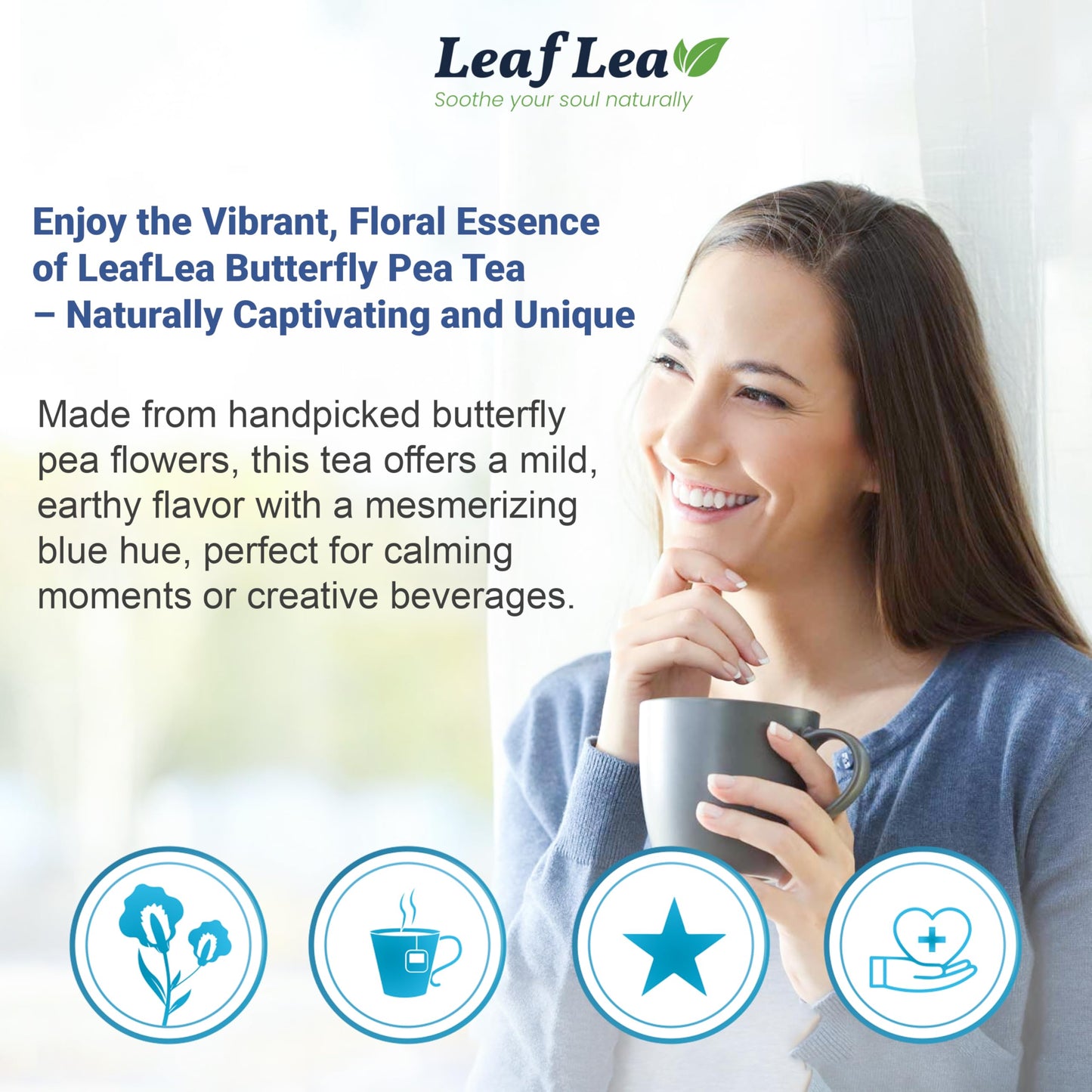 LeafLea Butterfly Pea Flower Tea Bags, Herbal, Caffeine-Free, Sugar-Free, Non-GMO, 80 Bags (Pack of 2)