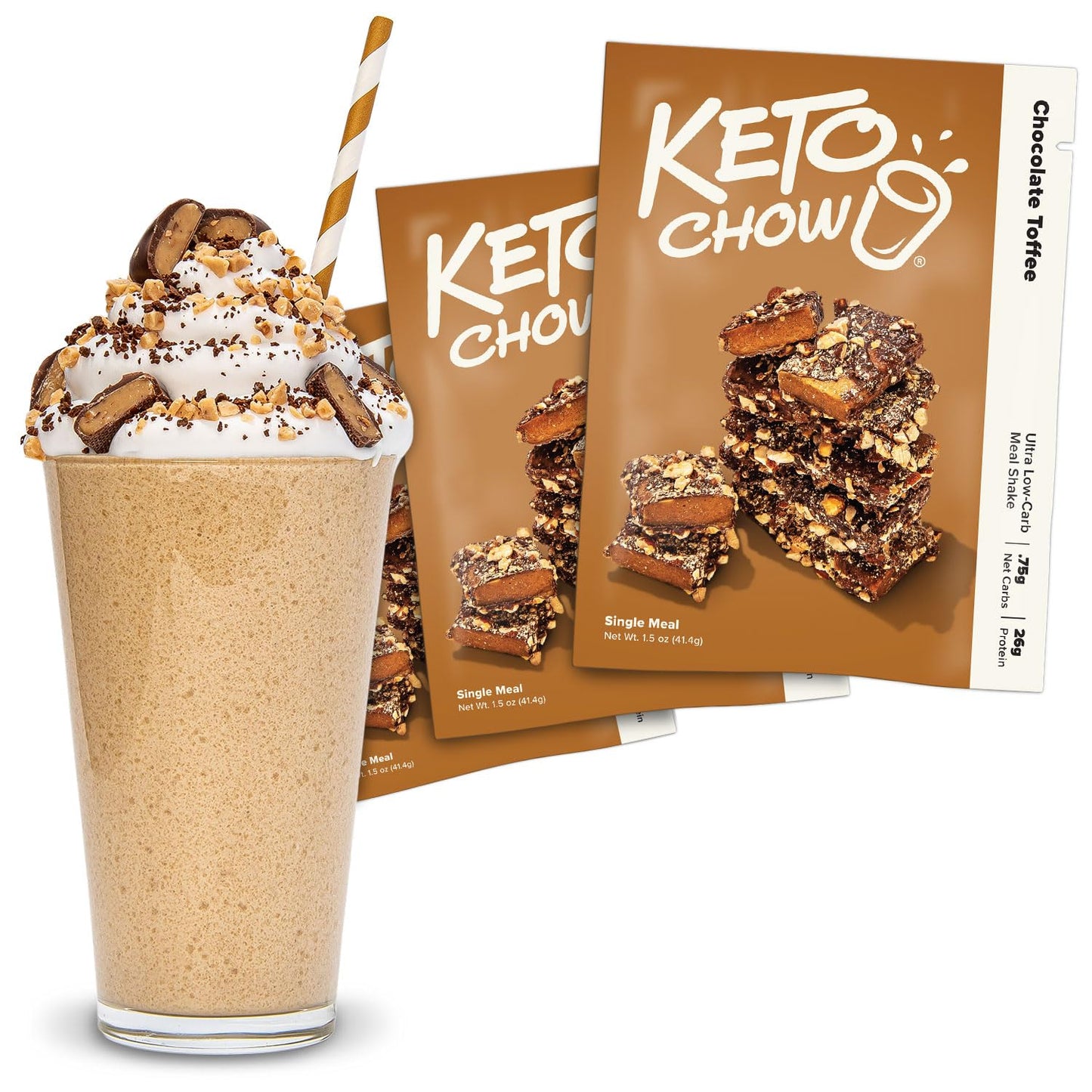 Keto Chow Keto Meal Replacement Shake Powder - Chocolate Toffee - Low Carb - 1.5 Ounce (Pack of 3)