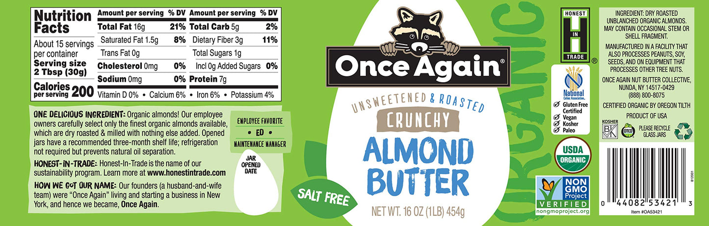 Once Again Organic Crunchy Almond Butter, 16oz - Roasted - Salt Free, Unsweetened - USDA Organic, Gluten Free Certified, Peanut