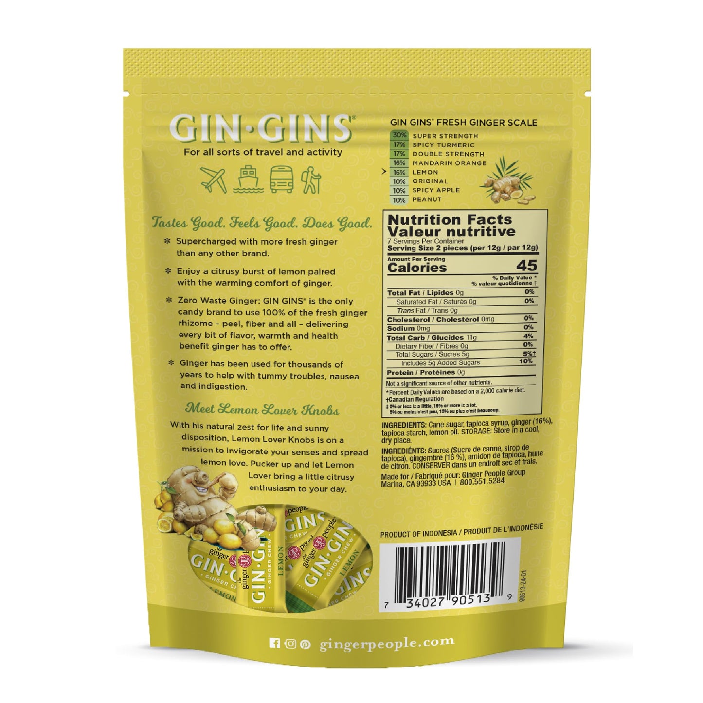 The Ginger People GIN GINS Lemon Ginger Chews - Natural Candy - 3 oz Bag - Pack of 1 - Individually Wrapped