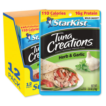 StarKist Tuna Creations Herb and Garlic, 2.6 oz Pouch (12 Pack) Ready to Eat Wild Caught Tuna, 15g Protein, 110 Calories Per Ser