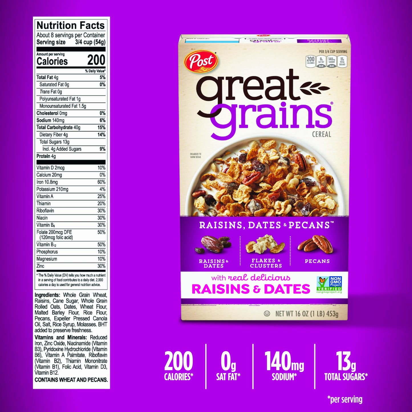Great Grains Raisins Dates and Pecans Breakfast Cereal, Non-GMO, 16 OZ Box