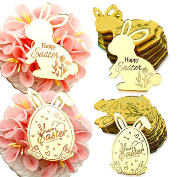 AiQi Bakes 24 Pieces Happy Easter Bunny Cupcake Toppers, Rabbit Ears Egg Gold Mirror Acrylic Cake Toppers for Easter Spring Them
