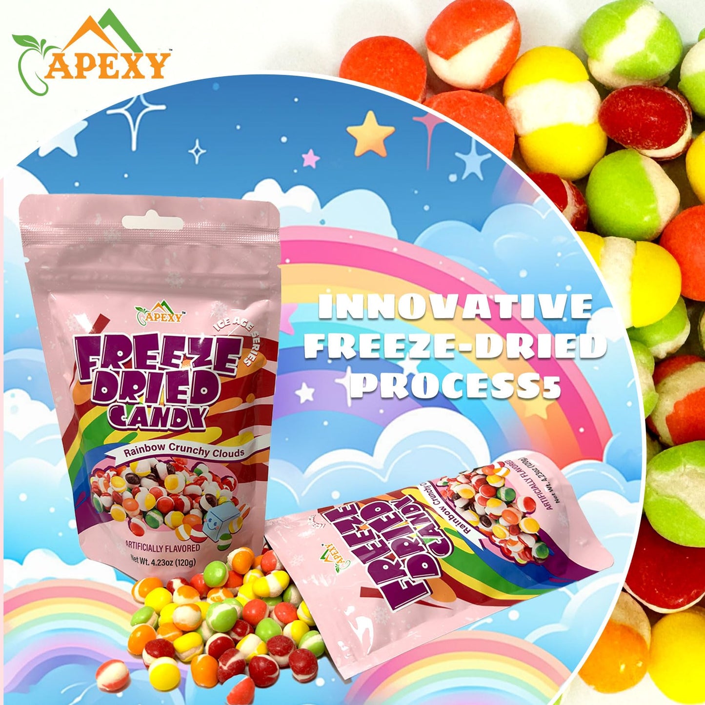 APEXY Freeze Dried Rainbow Candy Assorted Flavors - Dehydrated Crunchy   4.23oz (120g) - Resealable Pouch