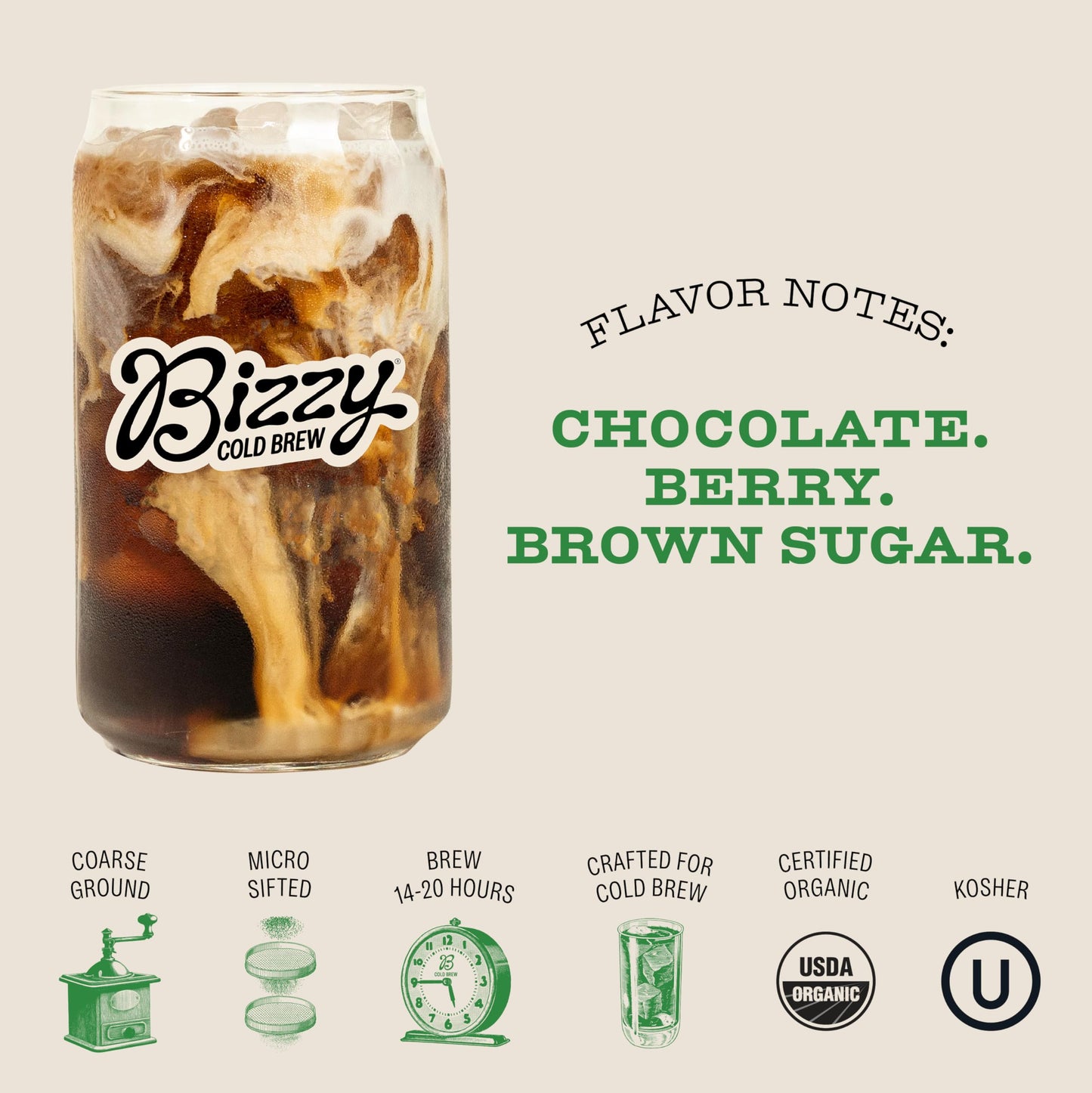 Bizzy Organic Cold Brew Coffee | Espresso Blend | Coarse Ground Coffee | Medium-Dark Roast | Micro Sifted | Specialty Grade | 10
