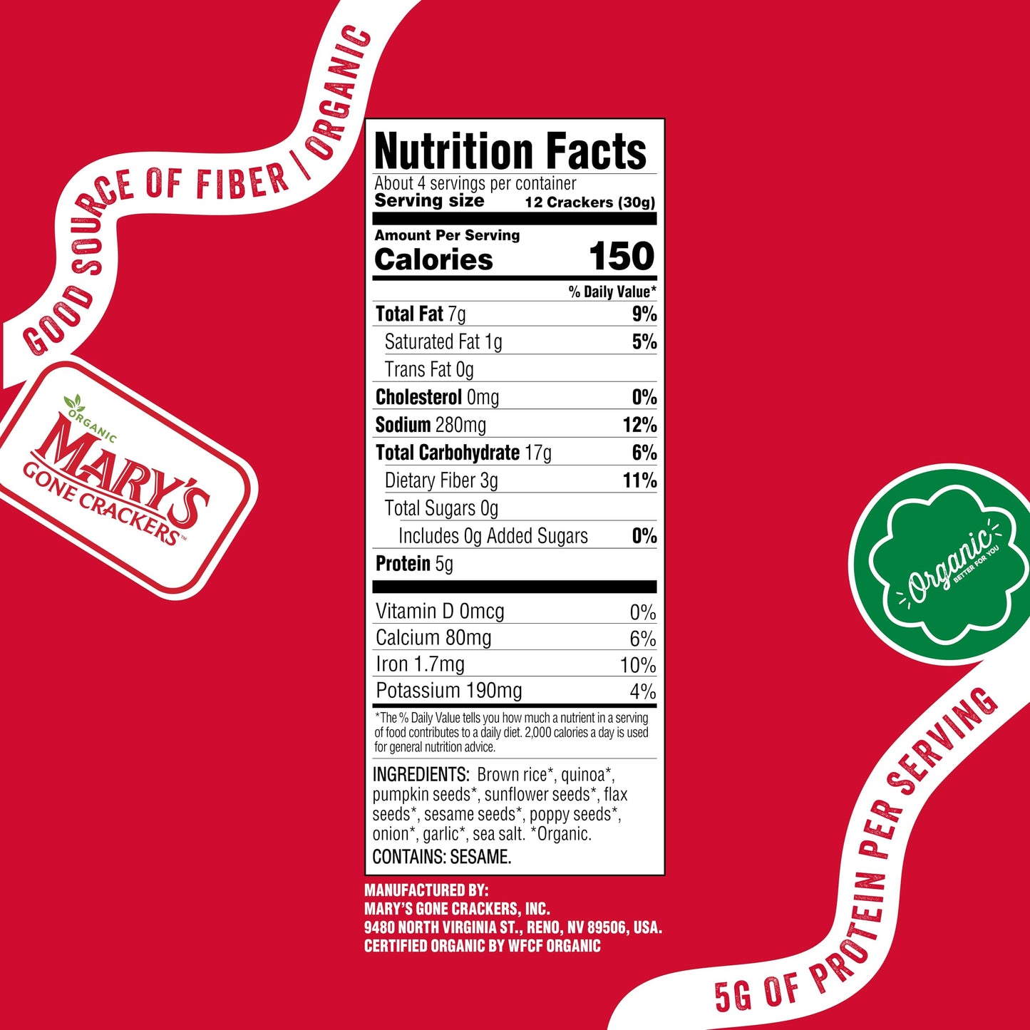 Mary s Gone Crackers Super Seed Everything Crackers, Vegan Friendly, Kosher, USDA Certified Organic, Gluten Free & Non-GMO, 4 O