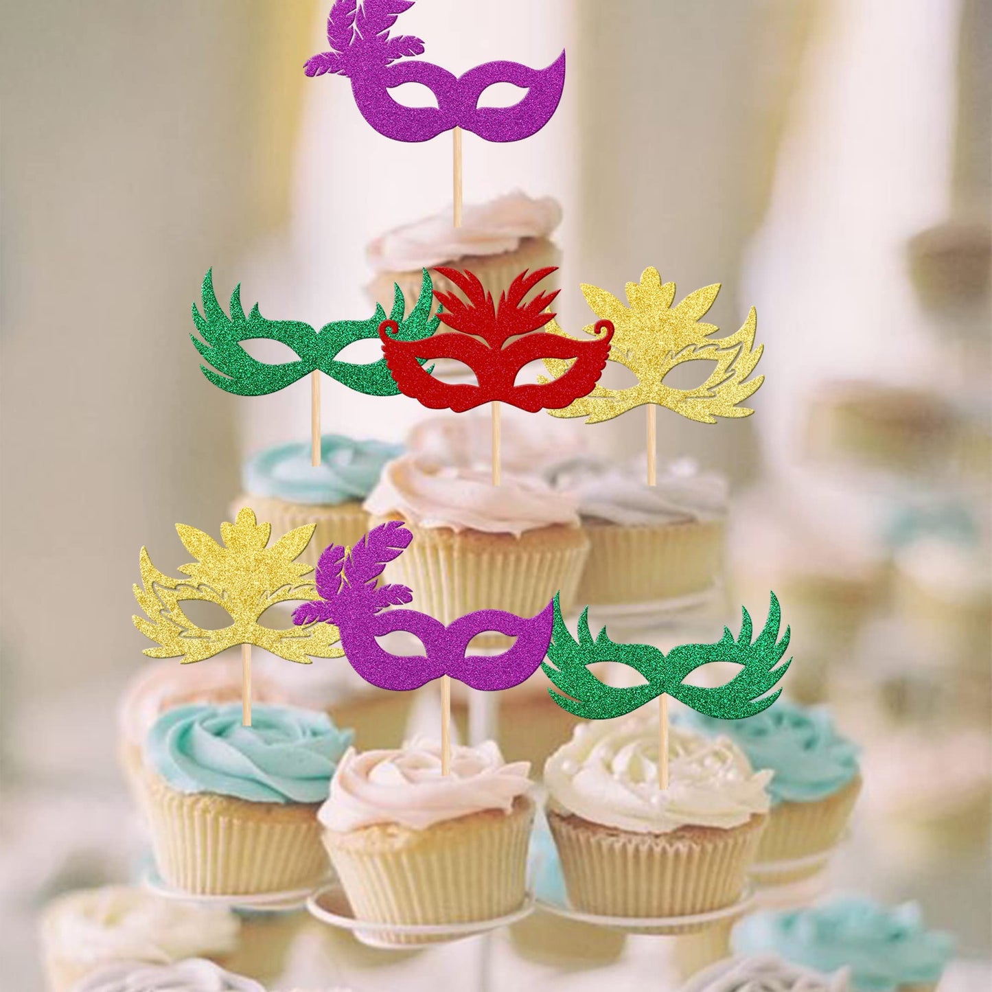 Rssta i Masquerade Masks Cupcake Toppers 36 Pack Glitter Multicolor Paper Model XM247