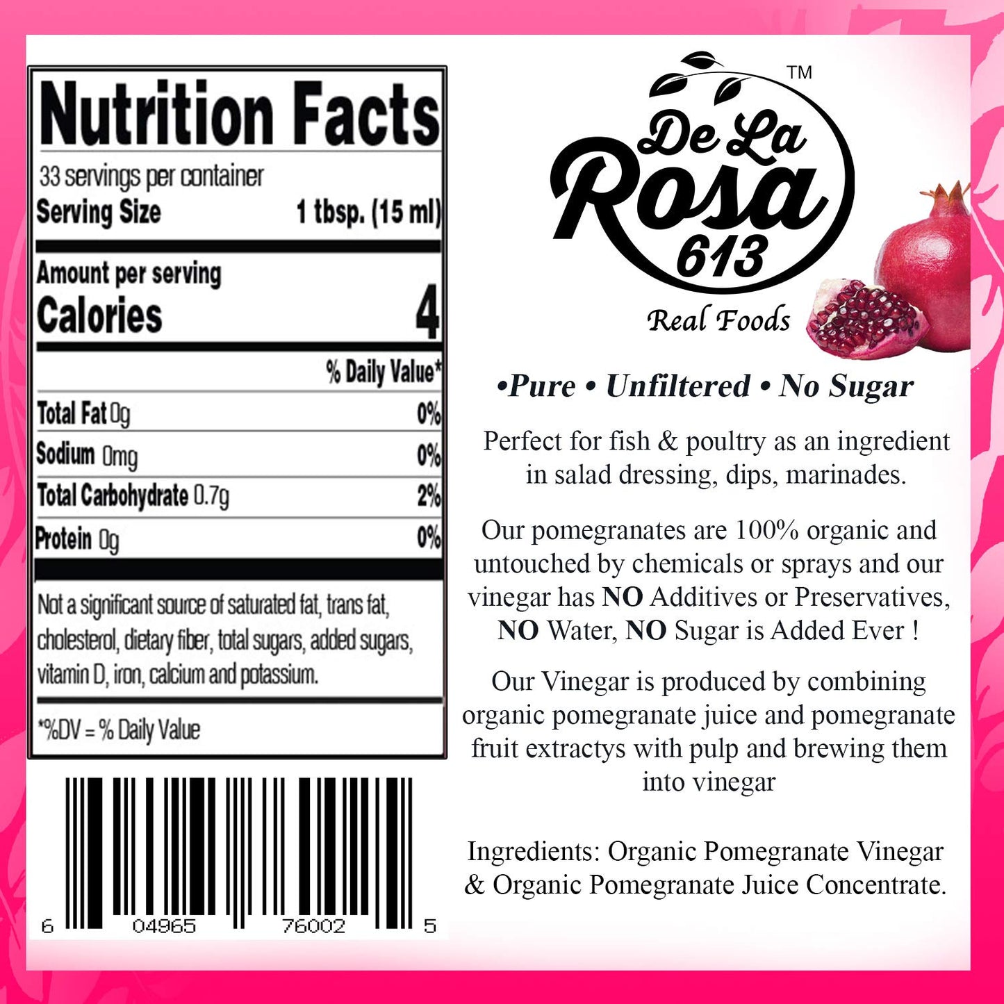 De La Rosa Organic Pomegranate Vinegar, Pure & Unfiltered, Vegan, Gluten Free & Kosher, Great For Salad Dressing, Marinades, 100% Pure Pomegranate Vinegar 16.9 Oz (Pack Of 1)