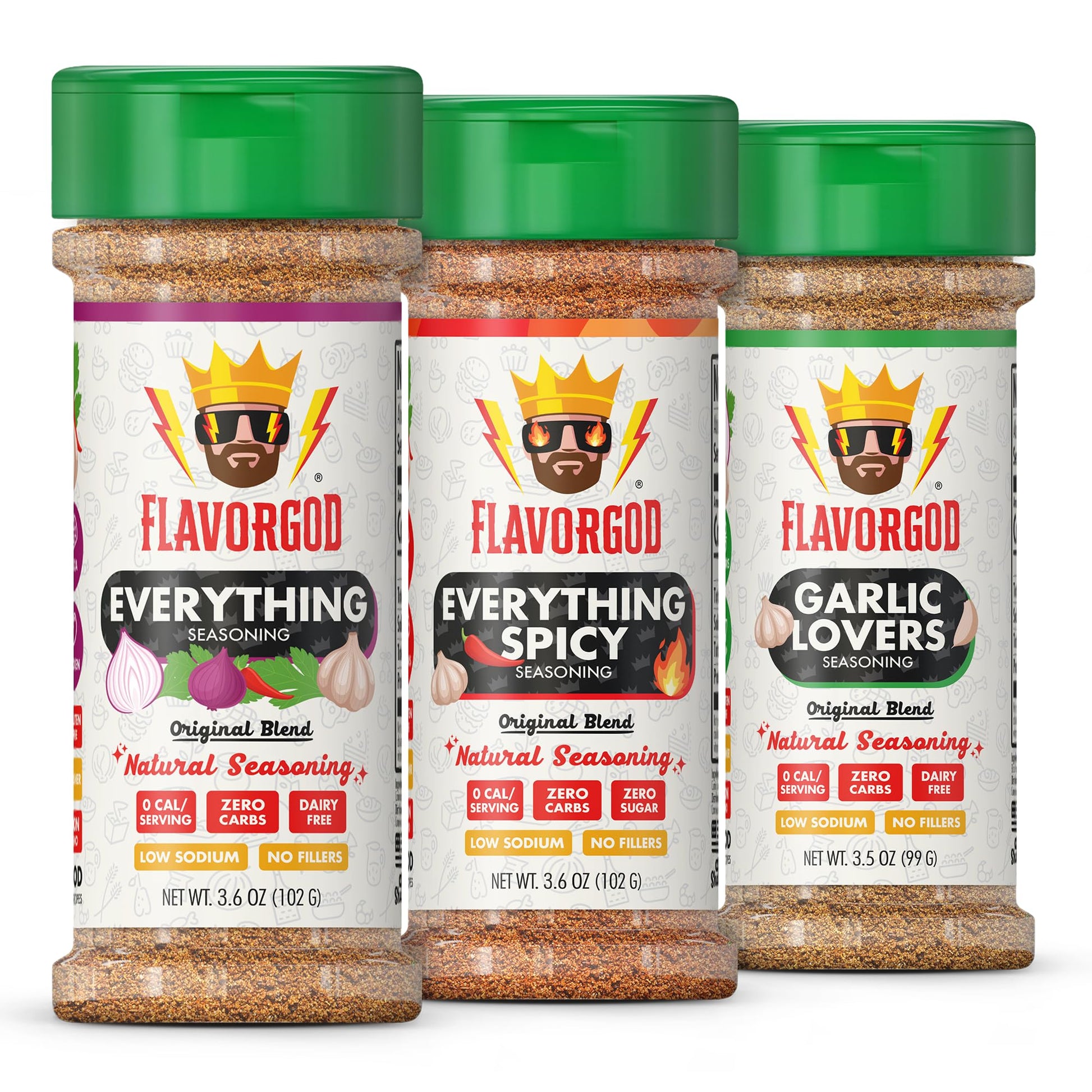 Flavor God Classic Combo Pack of 3 Herb, Spice & Seasoning Gift Set - Low Sodium, Natural Blends for Chicken, Beef, Seafood, and Vegetables
