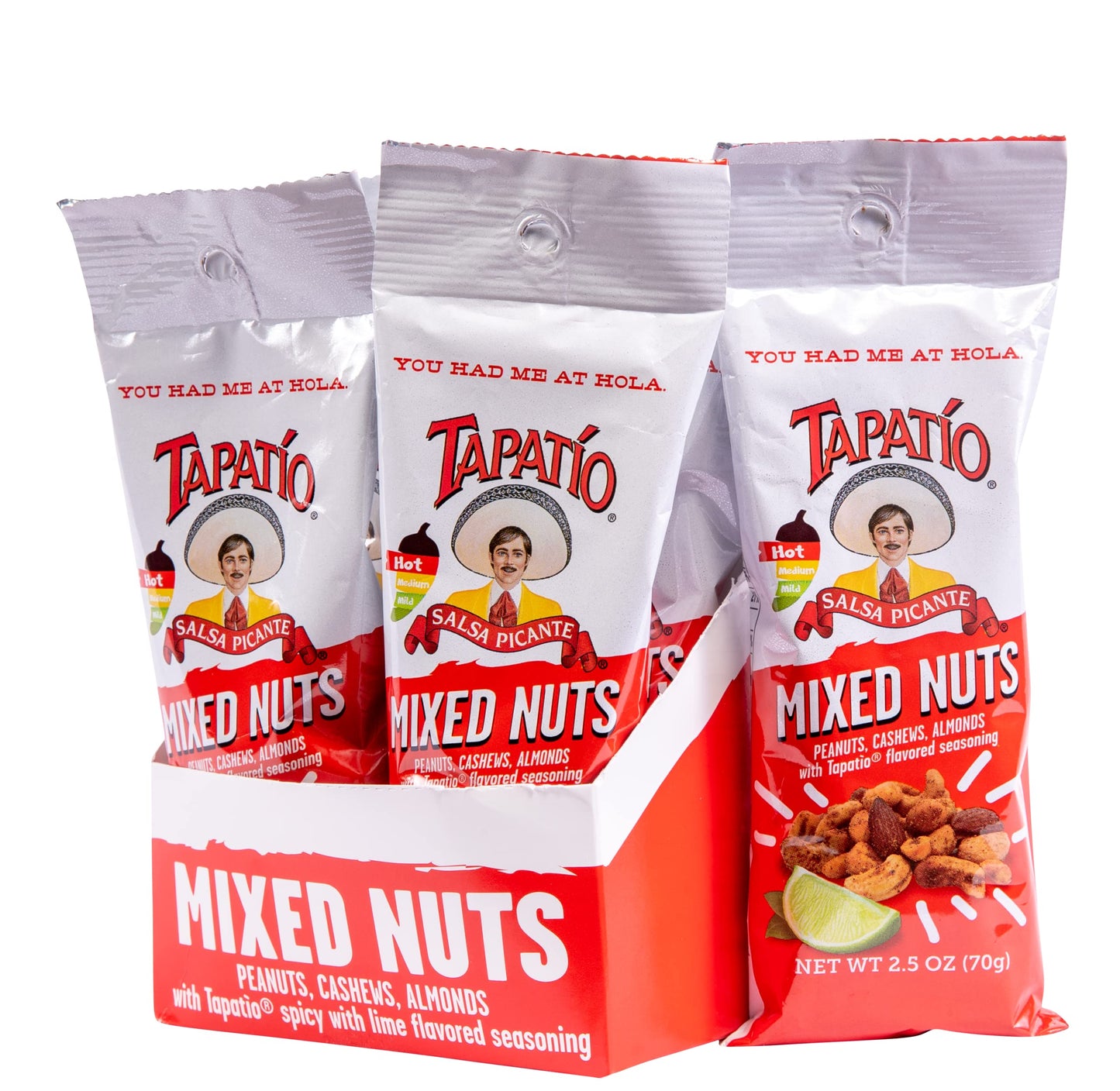 Straight Up Nuts Tapatio Mixed Nuts Snack Mix, Hot Peanuts, Travel Size, 1.5 oz Bags, 12-Pack
