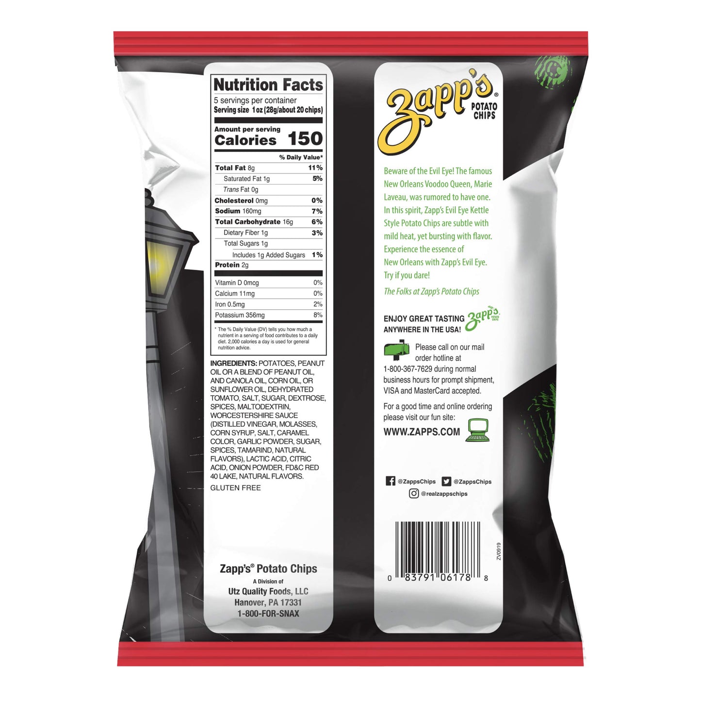 Zapp'S New Orleans Kettle-Style Potato Chips, Evil Eye Flavor, 5 Oz. Bag (Pack Of 12) - Crunchy Chips With A Kick, Great For Lun