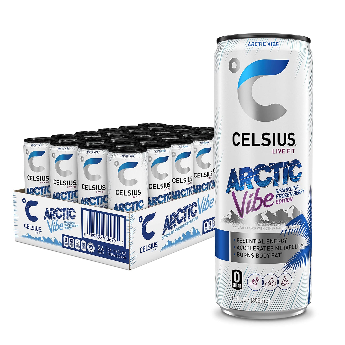 CELSIUS Sparkling Arctic Vibe, Functional Essential Energy Drink, 12 Fl Oz (Pack of 24)