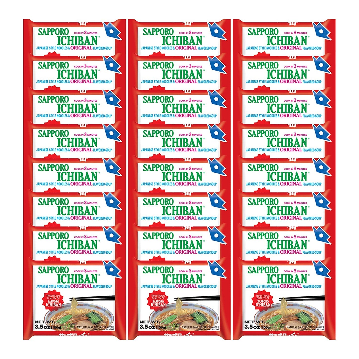 stickerless New [SAPPORO ICHIBAN] Ramen Noodles, Original Soy Sauce Flavor, No.1 Tasting Japanese Instant Noodles (3.5 Oz) (24 p