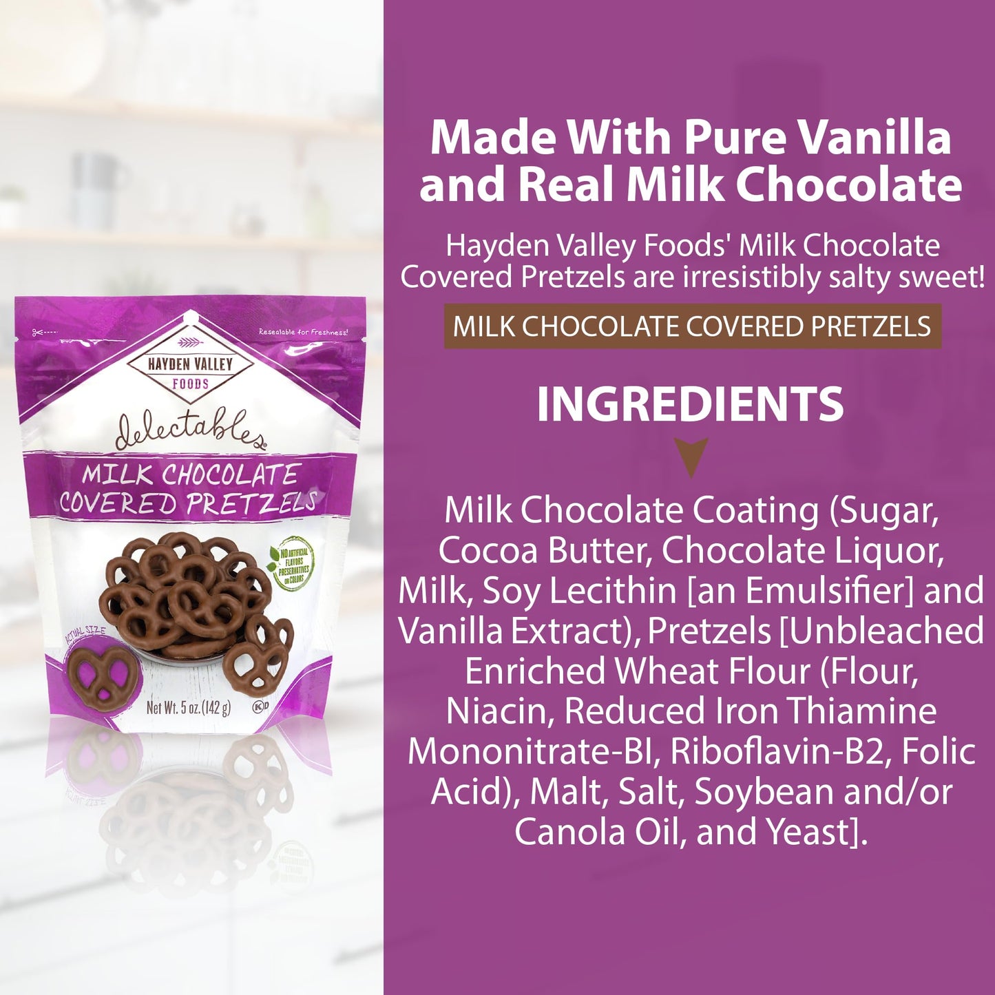 Hayden Valley Foods Milk Chocolate Covered Pretzels, 5 oz Bags, Pack of 12, No Artificial Flavors or Preservatives, Gourmet Snacks