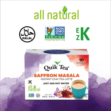 Quiktea Saffron Masala Chai Tea Latte - 10 Count Single Box - Non Gmo All Natural Wellness Comfort Tea (Regular)