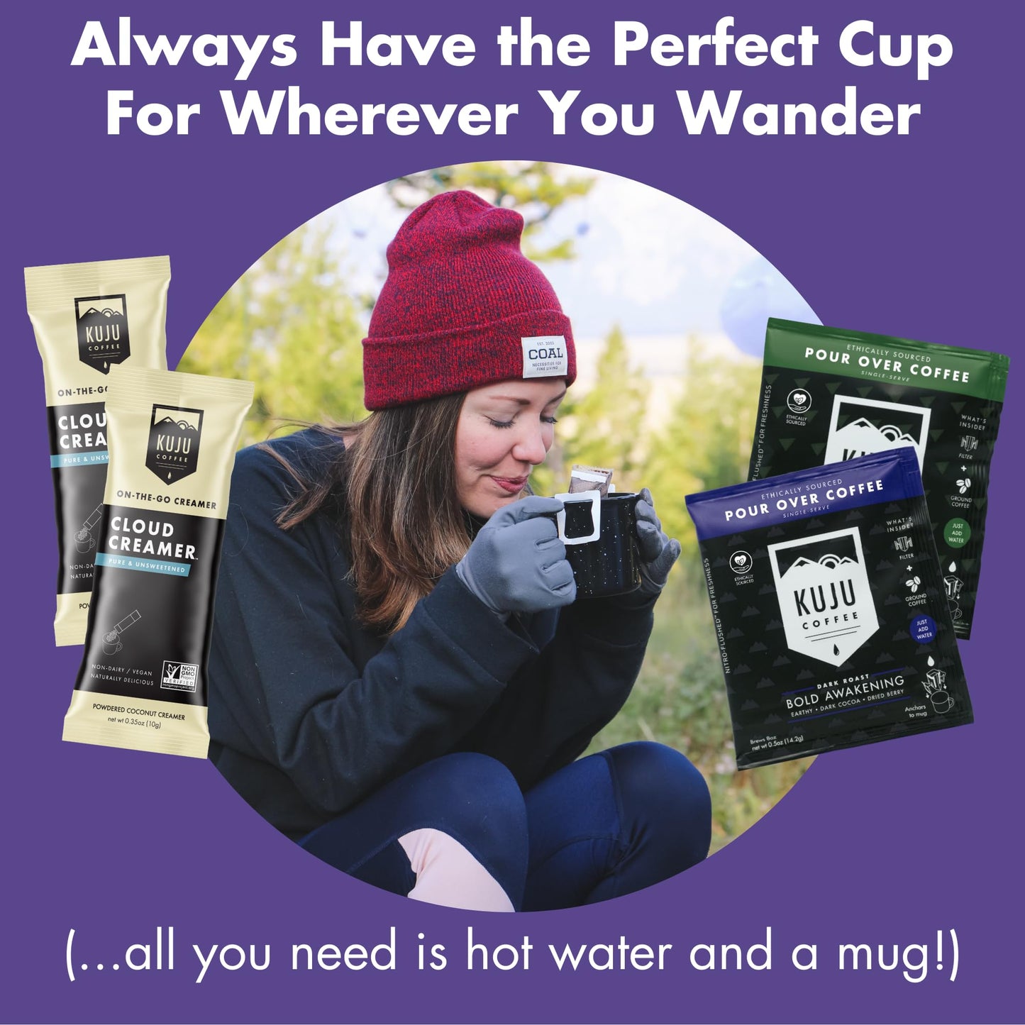 Kuju Coffee Premium Pour Over Camping Coffee Singles - 28 Pack Bold Awakening, Dark Roast - Superior Instant Coffee For Backpack
