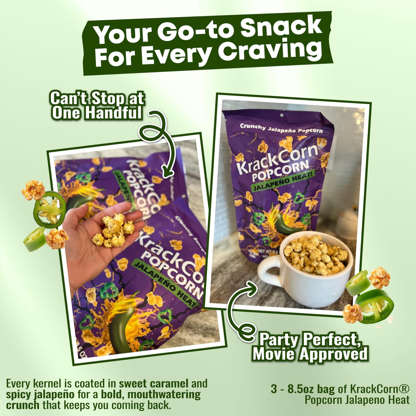 KrackCorn Jalapeno Flavored Caramel Popcorn - Gluten-Free, Non-GMO, 8.5 oz (Pack of 3)