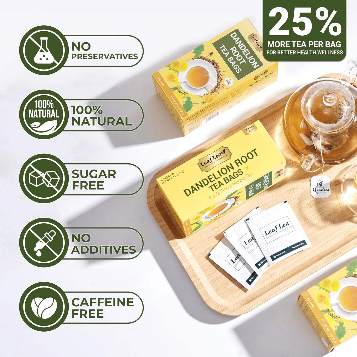LeafLea Dandelion Root Tea Bags, Caffeine-Free & Sugar-Free, 120 Bags (Pack of 3), Natural Herbal Tea for Digestion, Vegan