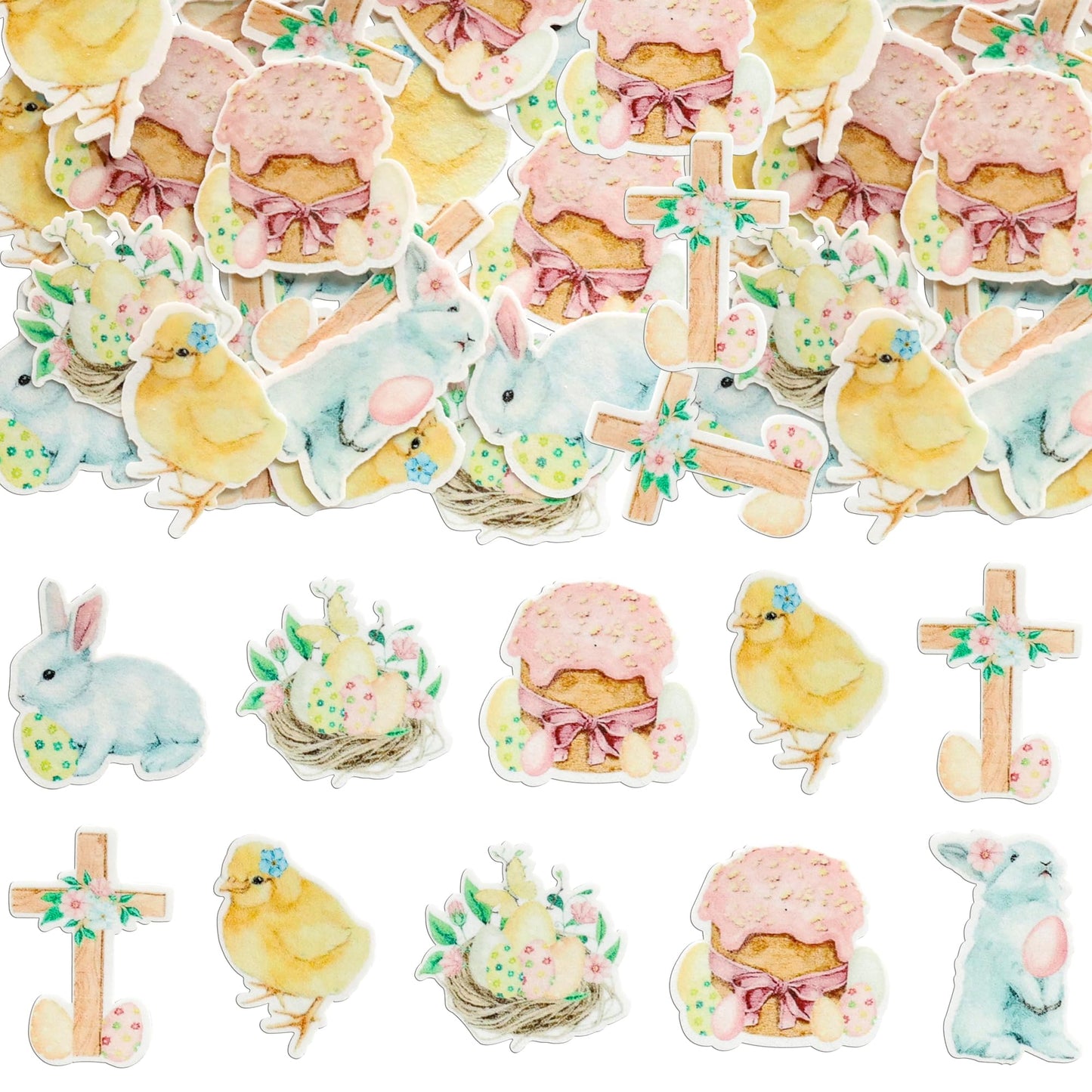 Gyufise 48Pcs Edible Happy Easter Cupcake Toppers Wafer Paper Rabbit Eggs Cupcake Picks Edible Bunny Cake Decors For Spring Theme Baby Shower Birthday Party Supplies