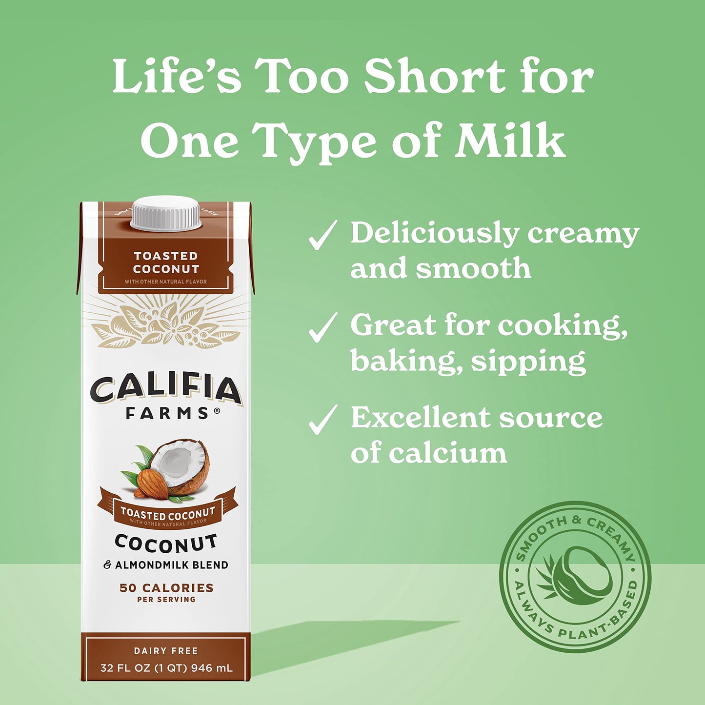 Califia Farms - Toasted Coconut Almond Milk, 32 Oz, Dairy Free, Vegan, Plant Based, Shelf Stable, Vegan, Gluten Free, Non Gmo, S