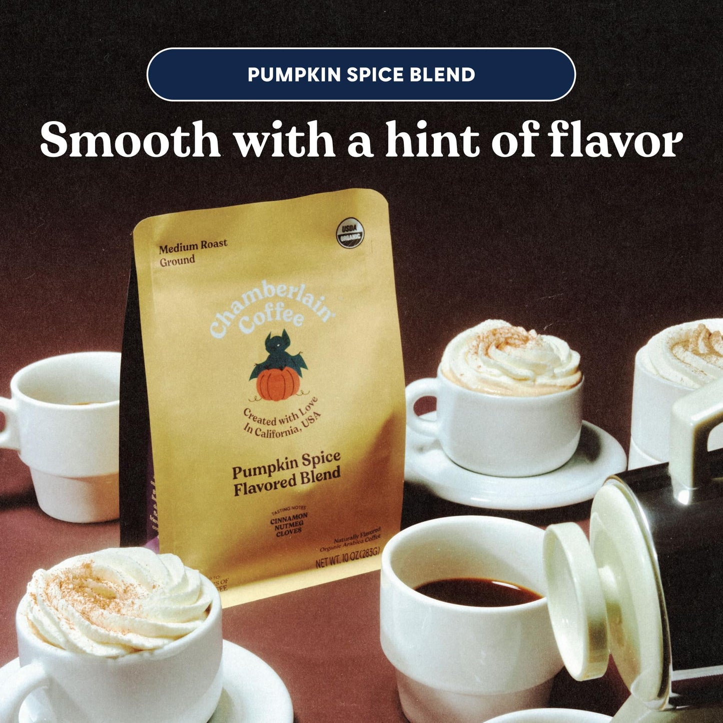 Chamberlain Coffee Pumpkin Spice Blend - Medium Roast Ground Coffee  Smooth and Well-Balanced with Warm Notes of Cinnamon  Nutmeg  and Clove  Freshly Roasted in California - 10 oz