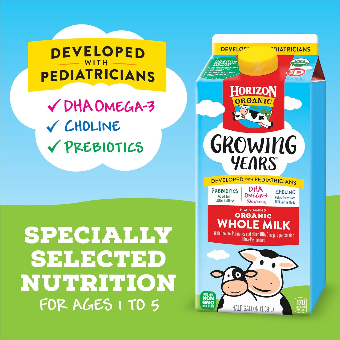 Horizon Organic Growing Years Milk, High Vitamin D Organic Milk for Growing Kids with DHA Omega-3, Choline, and Prebiotics, 59 f