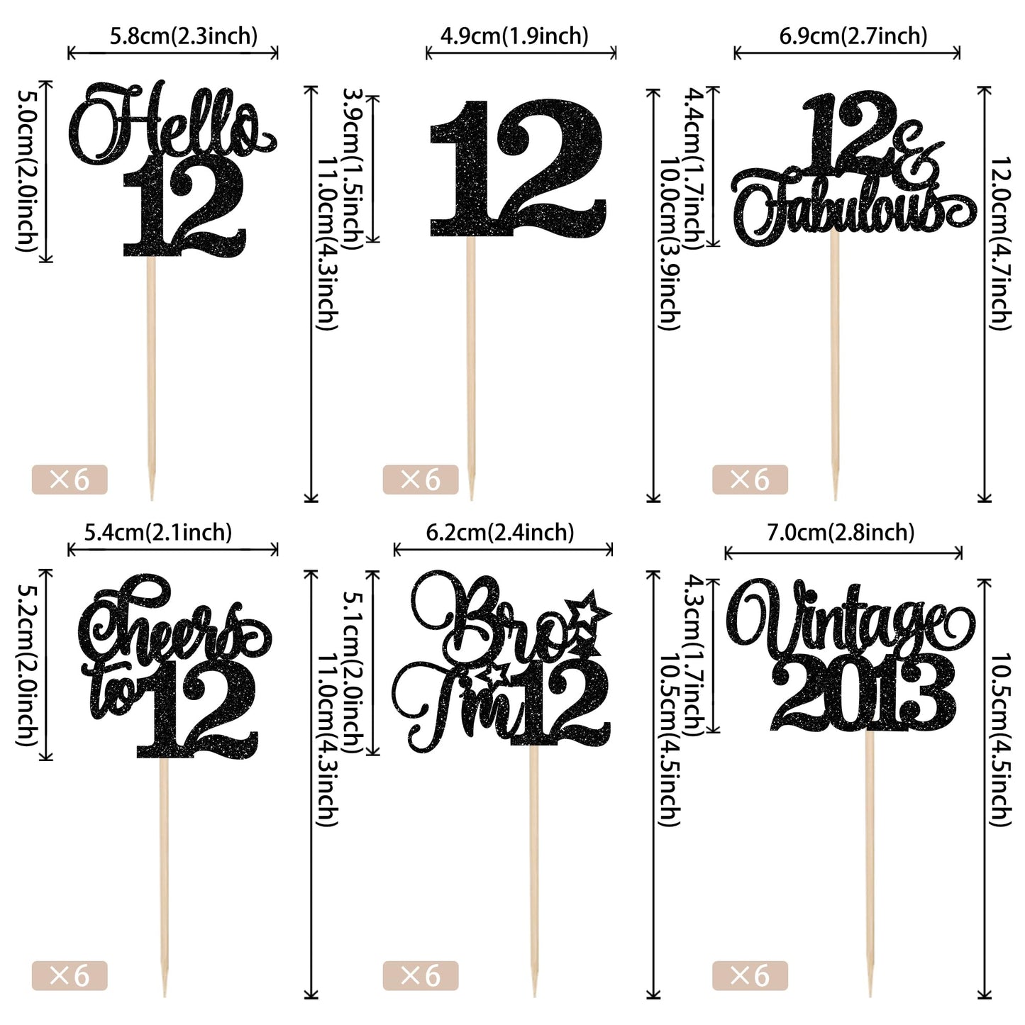 Rssta i Cupcake Toppers - 24 Pack Vintage Glitter Picks for 12th Birthday, Wedding, Anniversary - Black