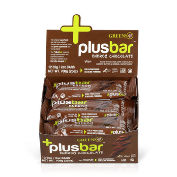 Greens+ Plusbar Energy Bars, Chocolate, Gluten Free Healthy Snacks with Organic Super Greens, Superfoods & Dark Chocolate, Vegan