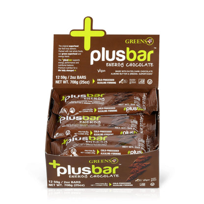Greens+ Plusbar Energy Bars, Chocolate, Gluten Free Healthy Snacks with Organic Super Greens, Superfoods & Dark Chocolate, Vegan