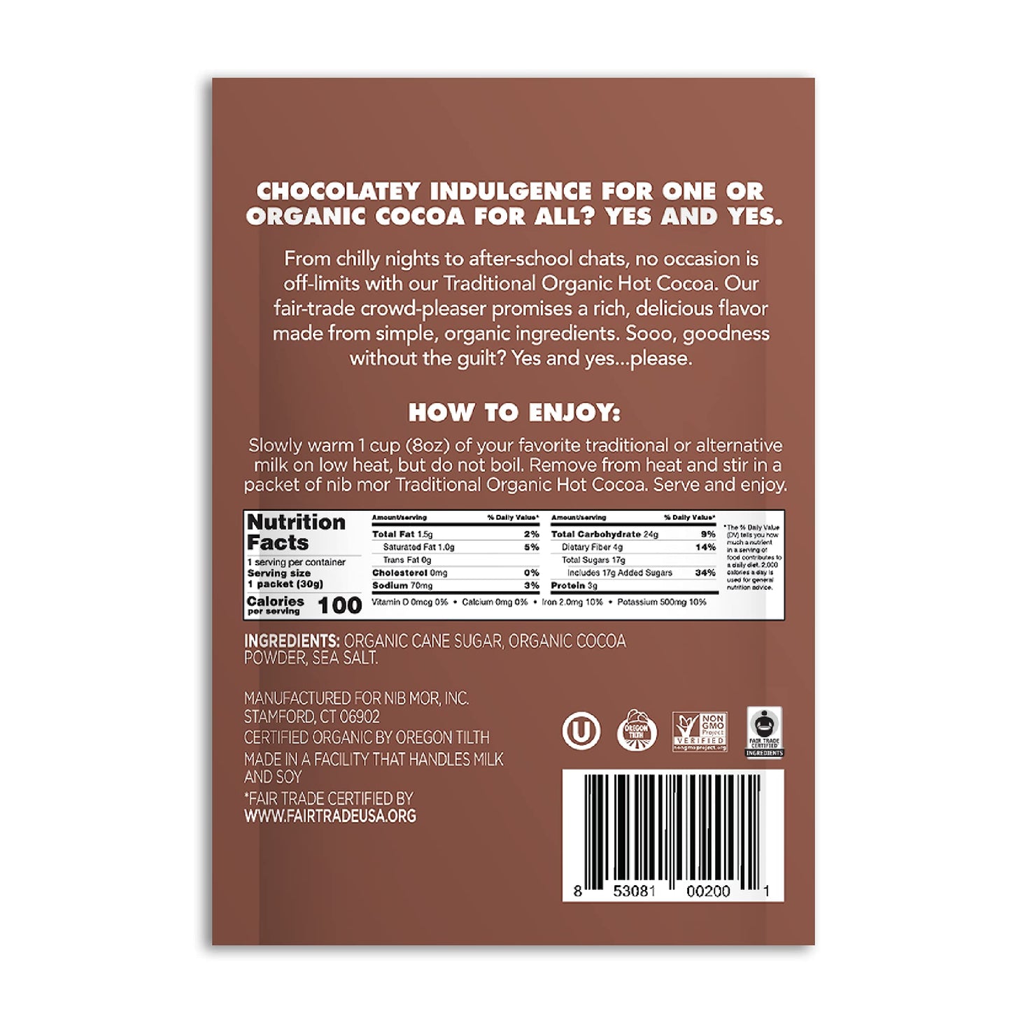 Nib Mor Organic Drinking Chocolate - Delicious, Healthy Treat - Traditional, 1.05 Oz (Pack Of 6)