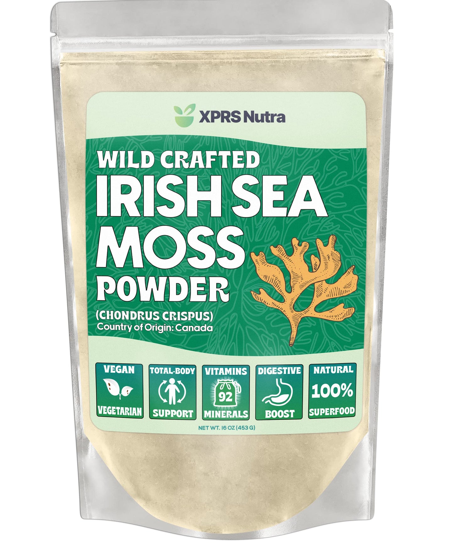 Xprs Nutra Irish Sea Moss Powder (Chondracanthus Chamissoi) - Enhanced Wildcrafted Seamoss Powder For Glowing Skin - Total Body Health Sea Moss Drink Powder - Vegan Friendly Irish Moss Powder (16 Oz)