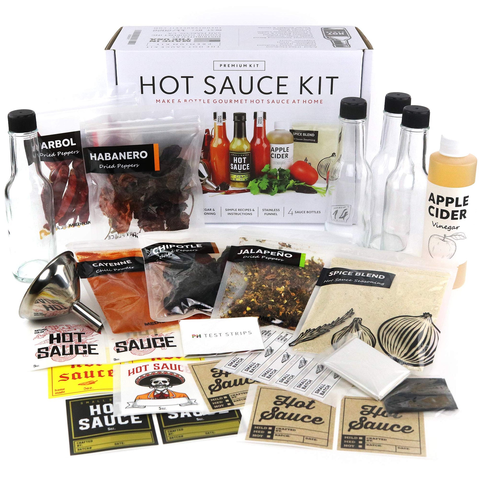 enhanced Hot Sauce Making Kit  5 Varieties of Peppers  Jalapeno Habanero  Gourmet Spice Blend  4 Bottles  Fun Labels  Make your own hot sauce  DIY Gift for Dad (enhanced Kit)