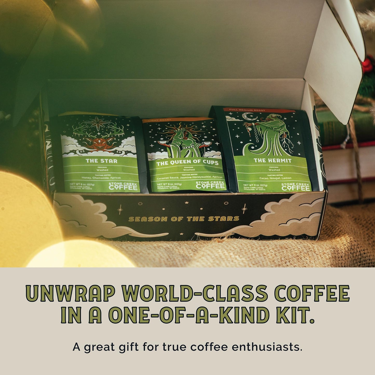 Stone Creek Coffee Yule And The Universe Box Medium And Light Roast (8 Oz, Pack Of 3) – Whole Bean Coffee Sampler Holiday Limited-Edition Gift Set, Uplifting And Deep Roasted Coffee Beans