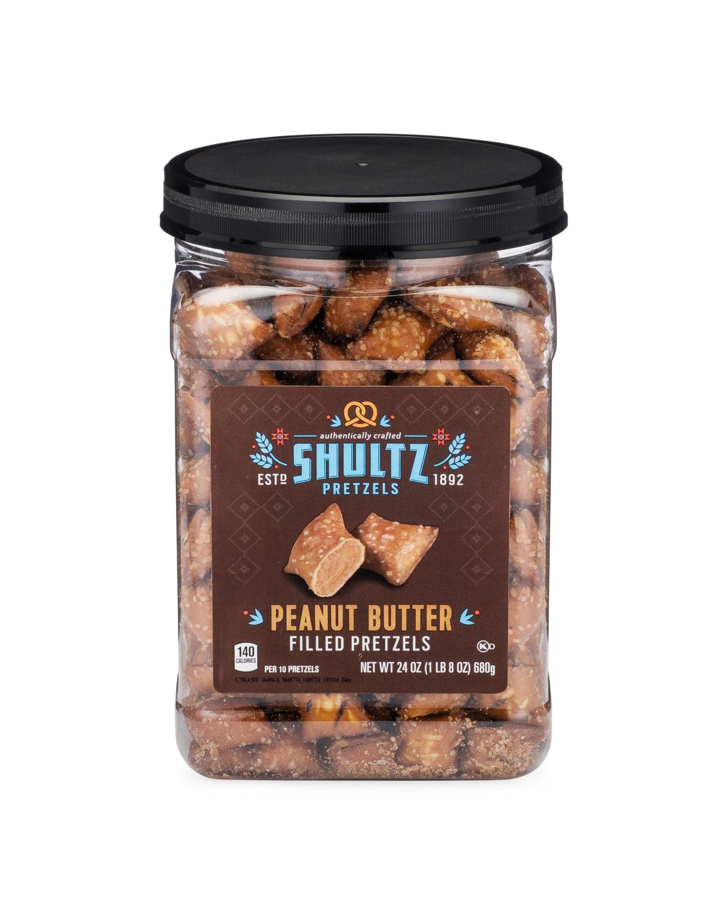 Office Snax Case of 8-1.5lb Tubs Shultz Peanut Butter Filled Pretzels, 24oz Resealable Container, Salted pretzel with Peanut But