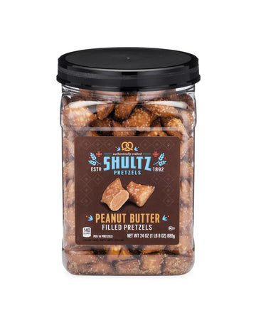 Office Snax Case of 8-1.5lb Tubs Shultz Peanut Butter Filled Pretzels, 24oz Resealable Container, Salted pretzel with Peanut But