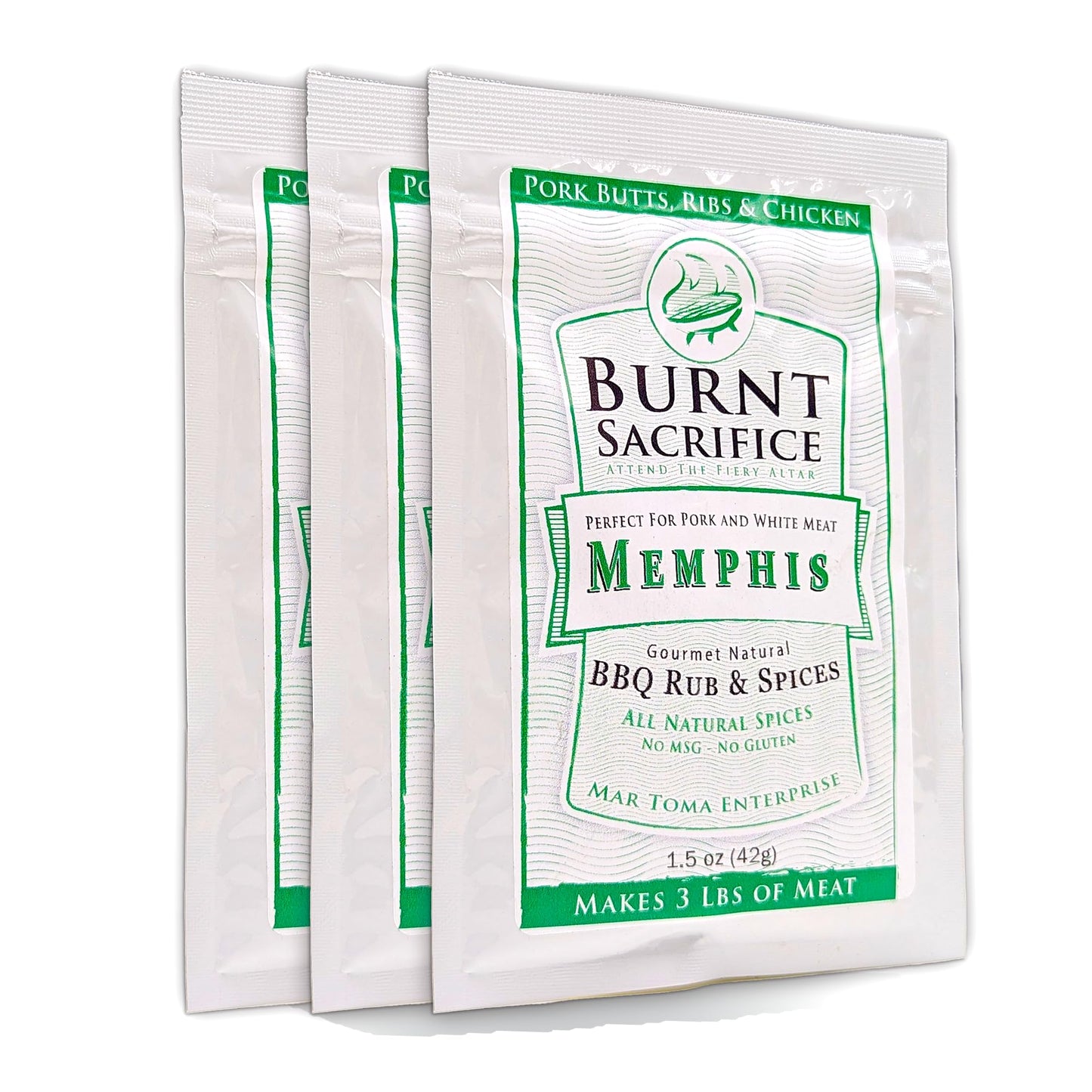 Burnt Sacrifice Memphis Style Gourmet BBQ Spice Dry Rub Seasonings (1.5 OZ Packets Case of 3) Pork Butts Loin Chops Ribs Chicken