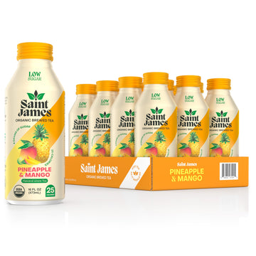 Saint James Iced Tea - Organic Green Tea - Non GMO, Gluten Free, Low Calorie & Low Sugar - Pineapple & Mango, 12 Pack (16 fl oz 