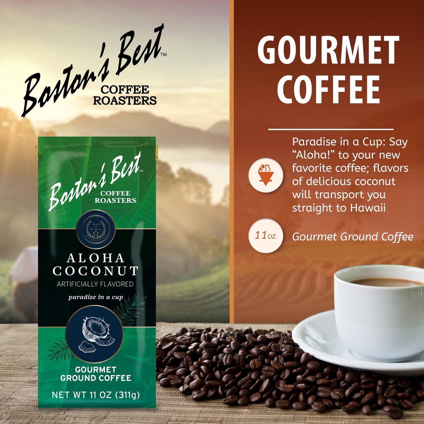 Bostons Best Coffee Aloha Coconut Flavored Gourmet Ground Coffee, 11 oz Bag