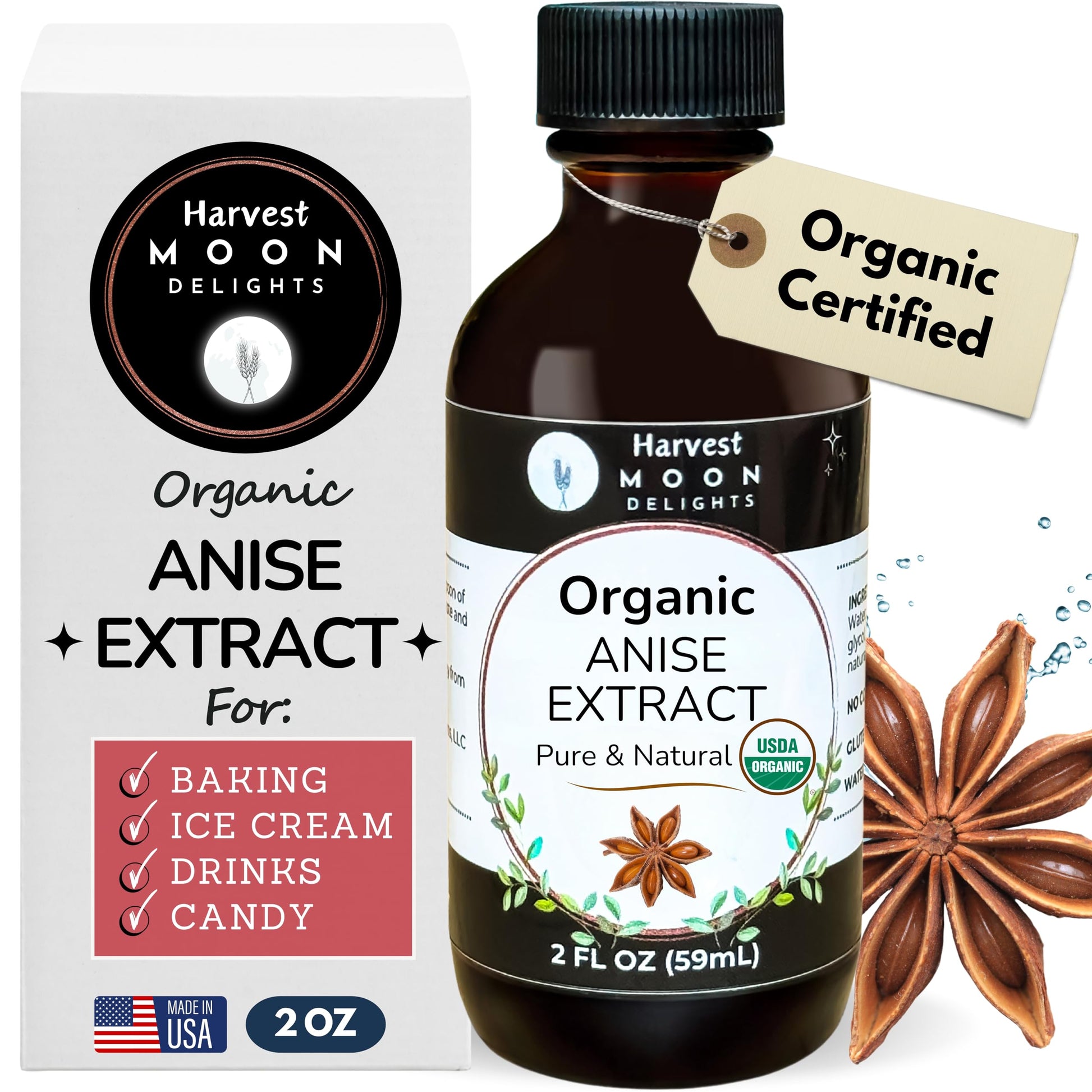 Organic Anise Extract for Baking, Ice Cream, Drinks, and Candy - 2 oz - Water-Soluble - By Harvest Moon Delights - Pure Anise Ex