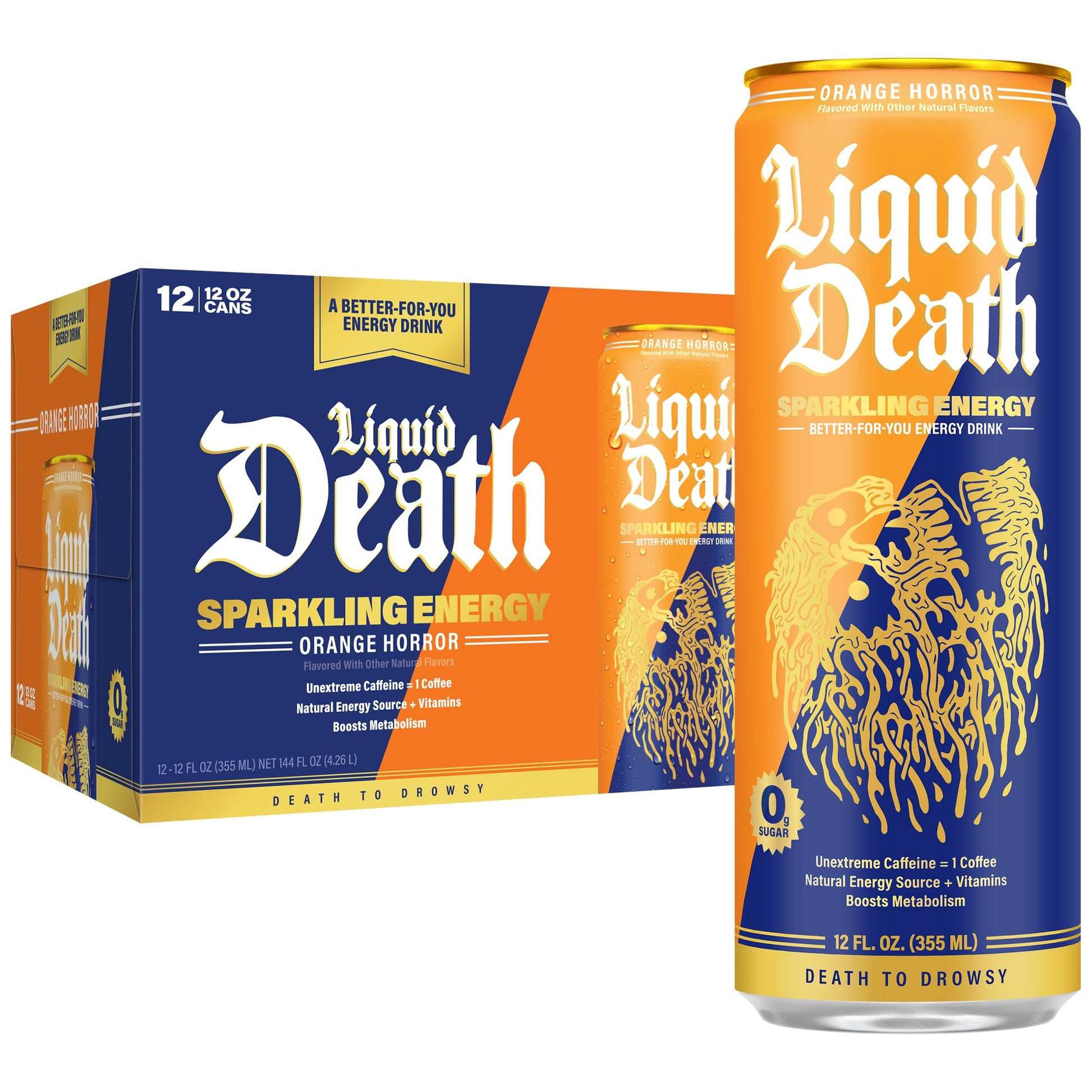 Liquid Death Sparkling Energy - Orange Horror (Orange and Cream Flavor)  Sugar-Free Energy Drink  Unextreme Caffeine 100mg  B Vitamins  12 Fl Oz (Pack of 12)