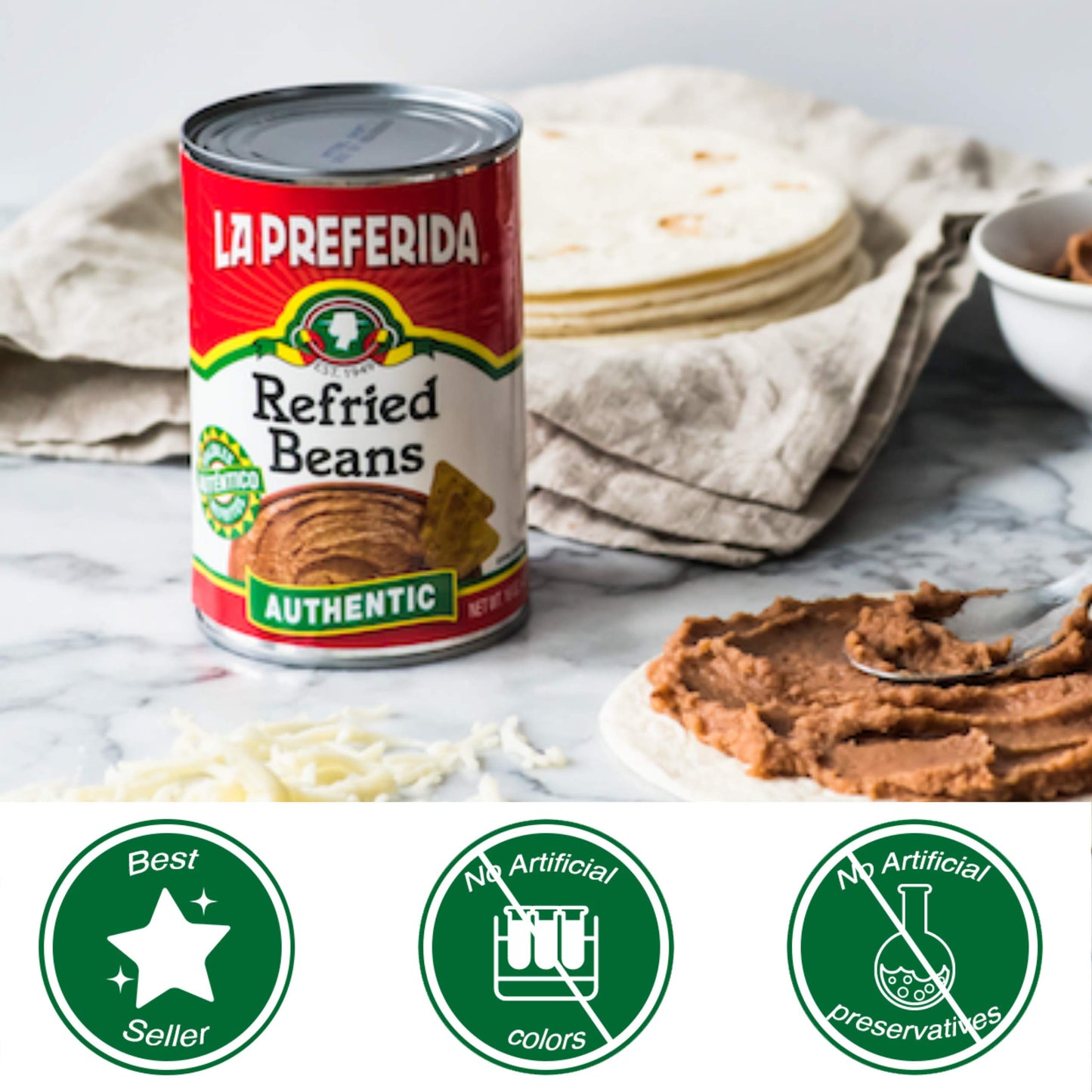 LA PREFERIDA Authentic Refried Pinto Beans, 16 oz, Pack of 24 - Creamy Frijoles Refritos, 4 Simple Ingredients