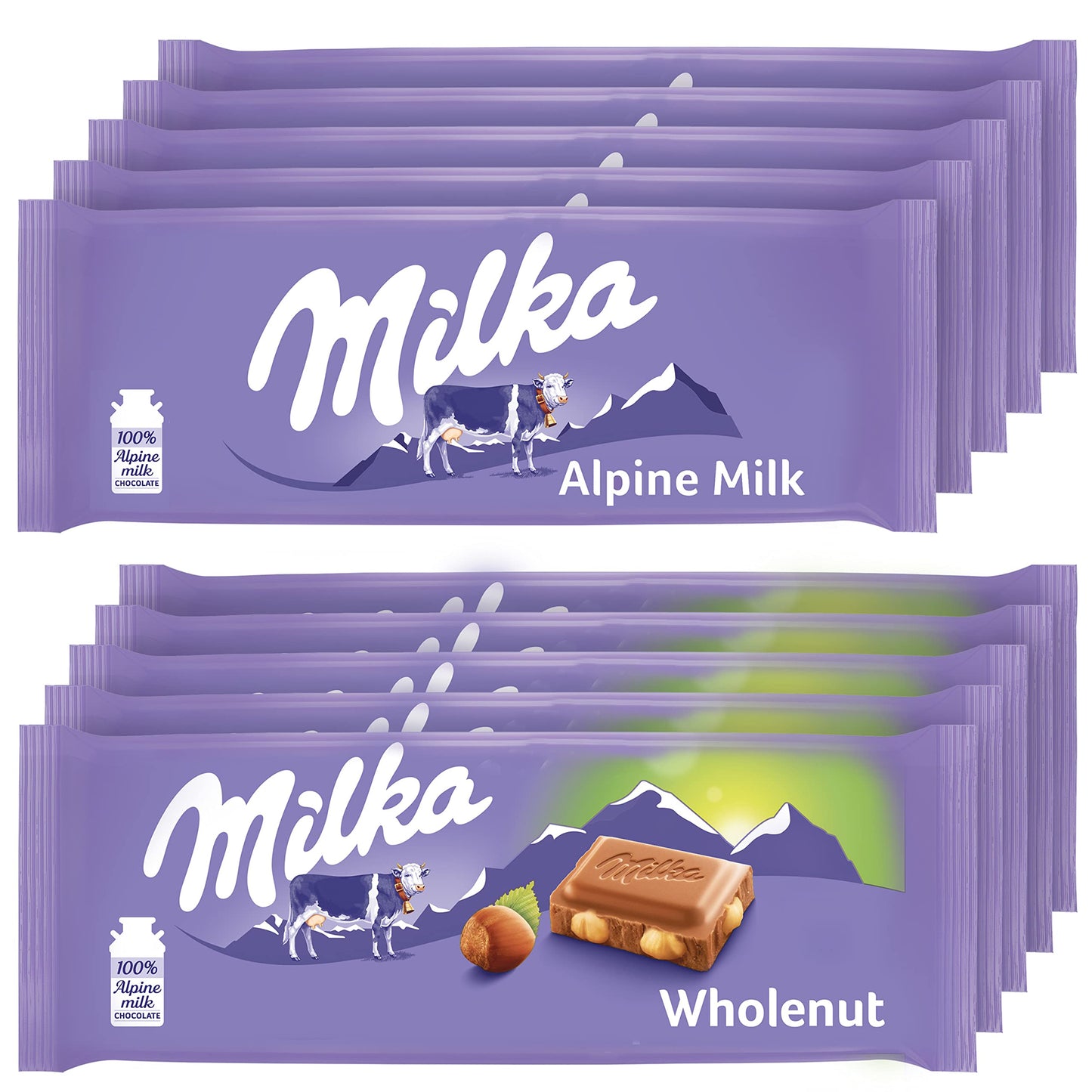 Milka Chocolate Bars Variety Pack, Alpine Milk & Wholenut Hazelnut, 10 Count