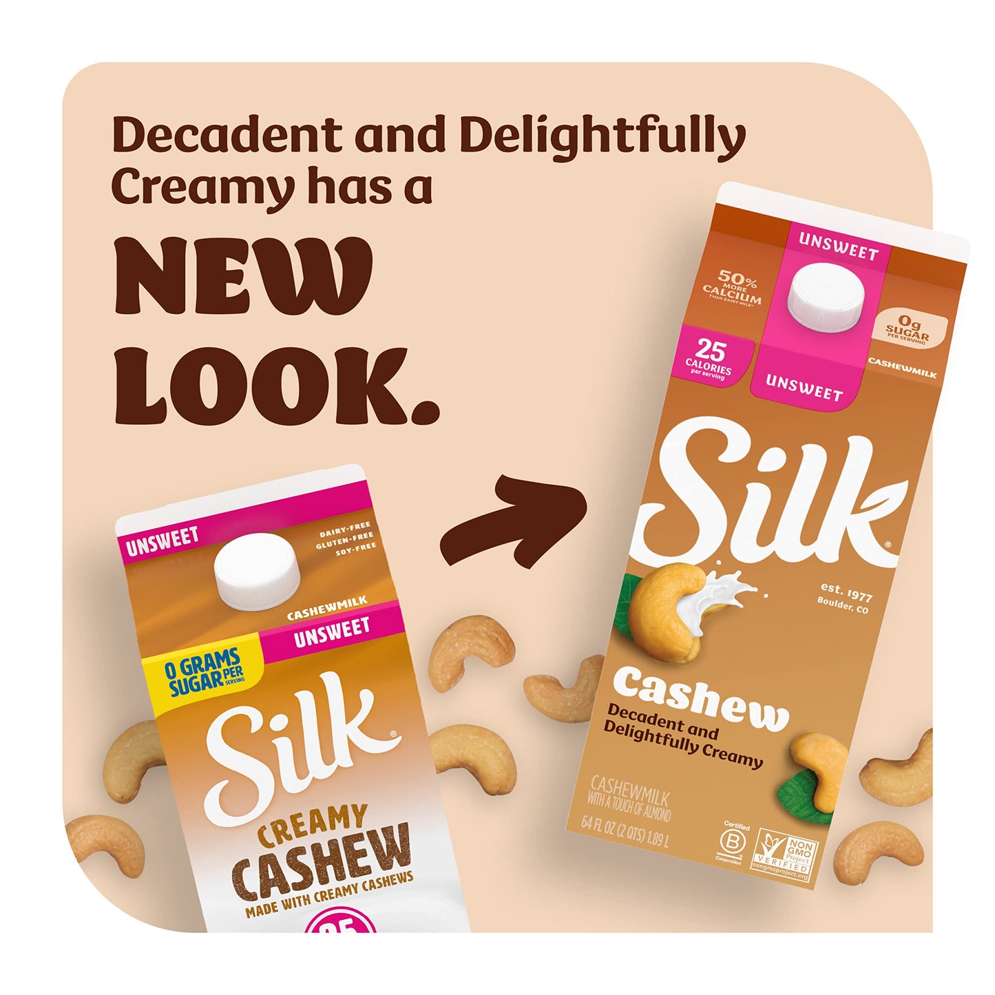 Silk Cashew Milk, Unsweetened, Dairy-Free, Vegan, Non-Gmo Project Verified, Half Gallon, 64 Fl Oz