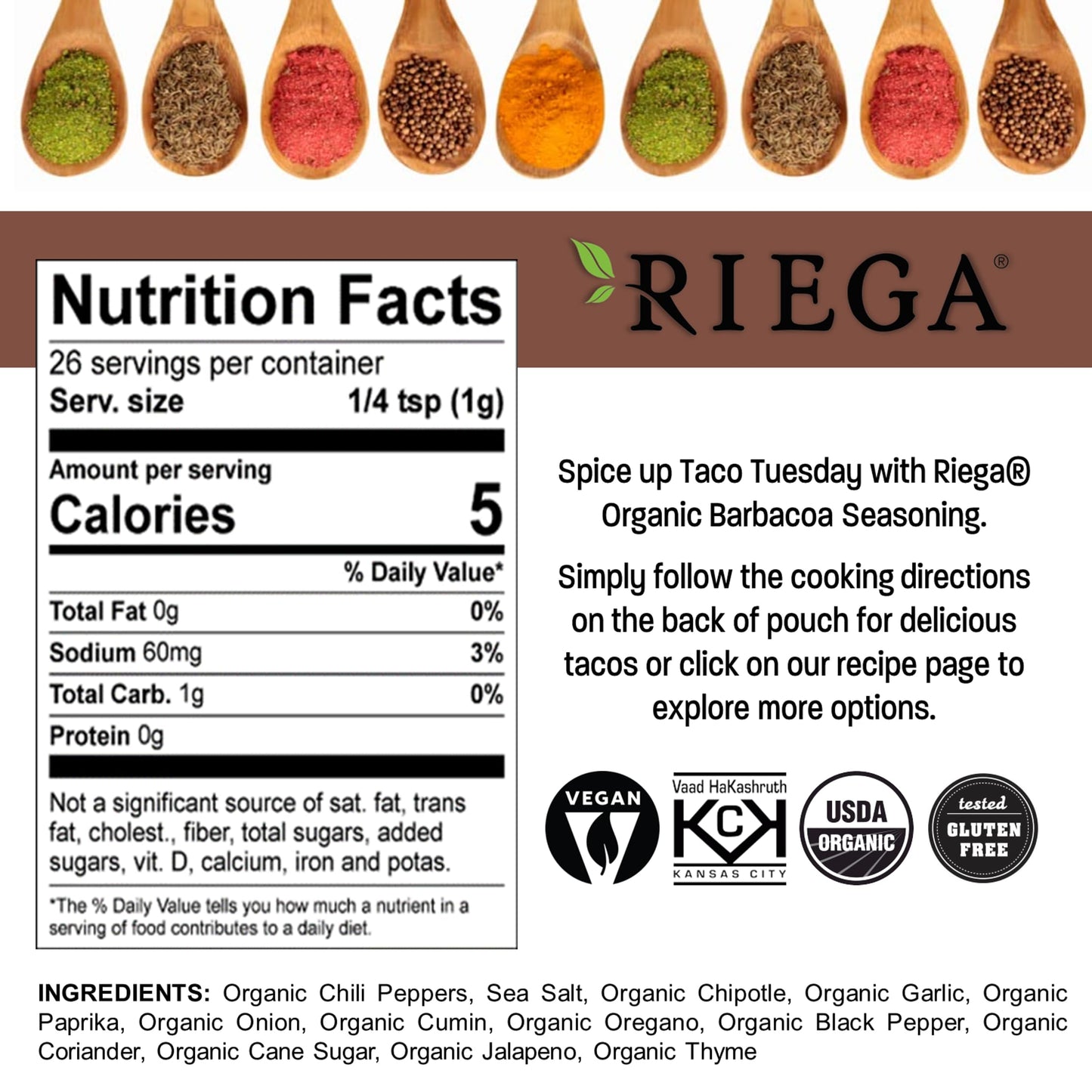 Riega Organic Barbacoa Street Taco Seasoning - Mexican Spice Blend for Beef, Rice Bowls, Soups & Slow Cooker Meals - 0.9 oz (Pac