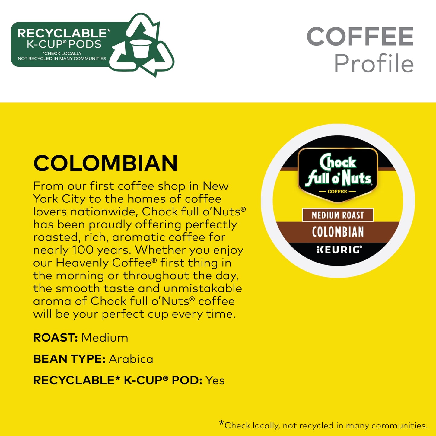 Chock Full O'Nuts Colombian Coffee, Compatible With K-Cup Pods, 12 Ct (Pack Of 6)